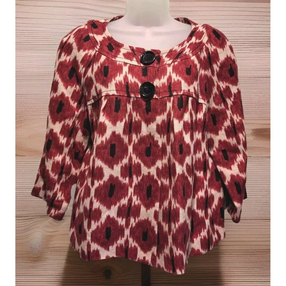 Michael Kors Burgundy Tan Abstract 100% Linen 3/4 Sleeve Crop Swing Blazer Lined